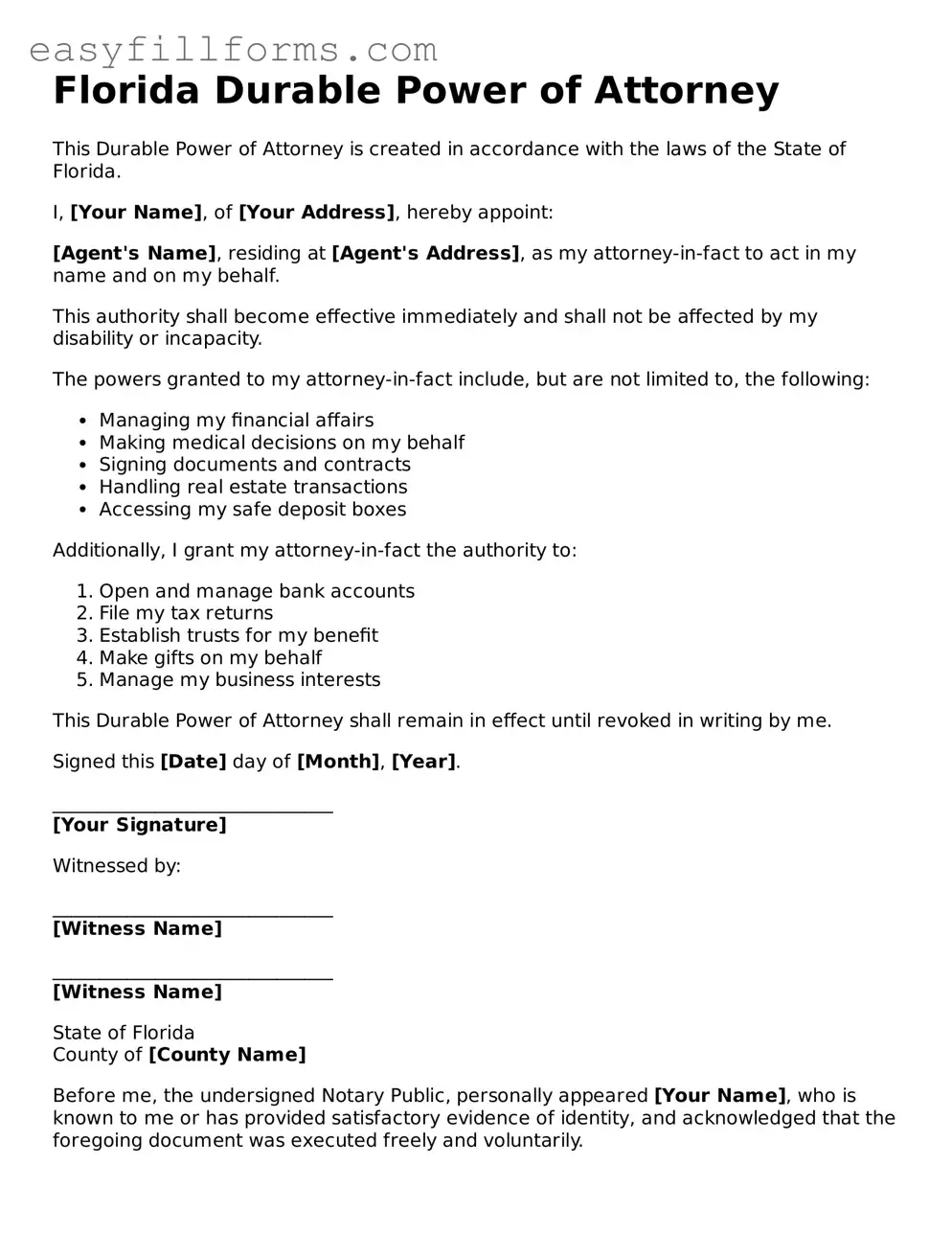 Valid  Durable Power of Attorney Template for Florida