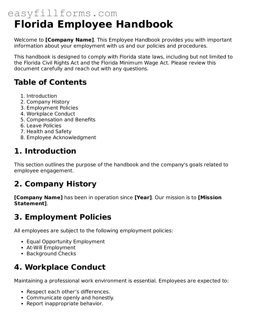 Valid  Employee Handbook Template for Florida