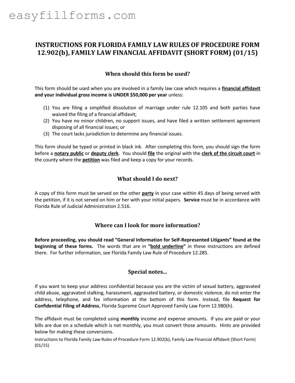 Printable Florida Financial Affidavit Short 12.902(b) Form