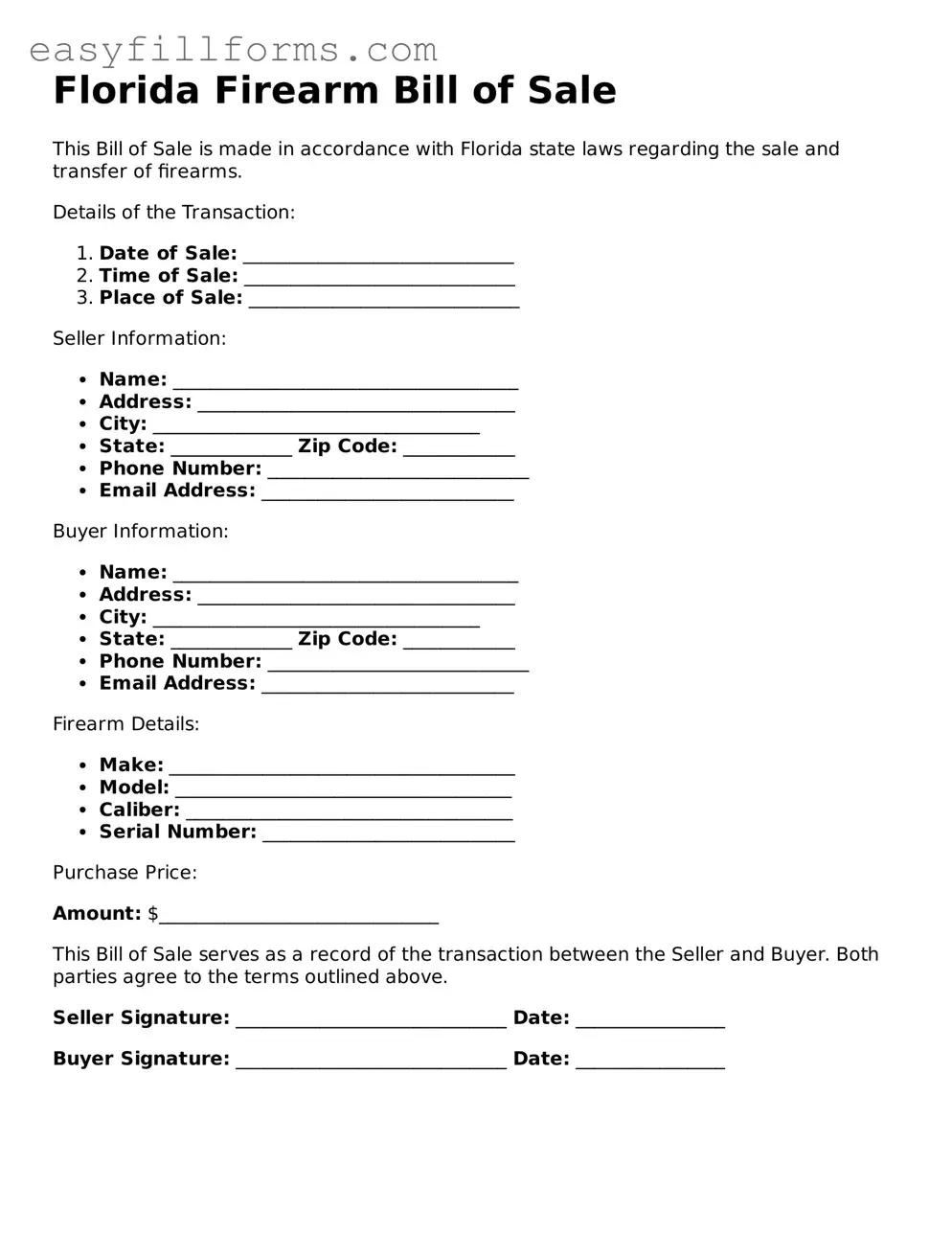 Valid  Firearm Bill of Sale Template for Florida