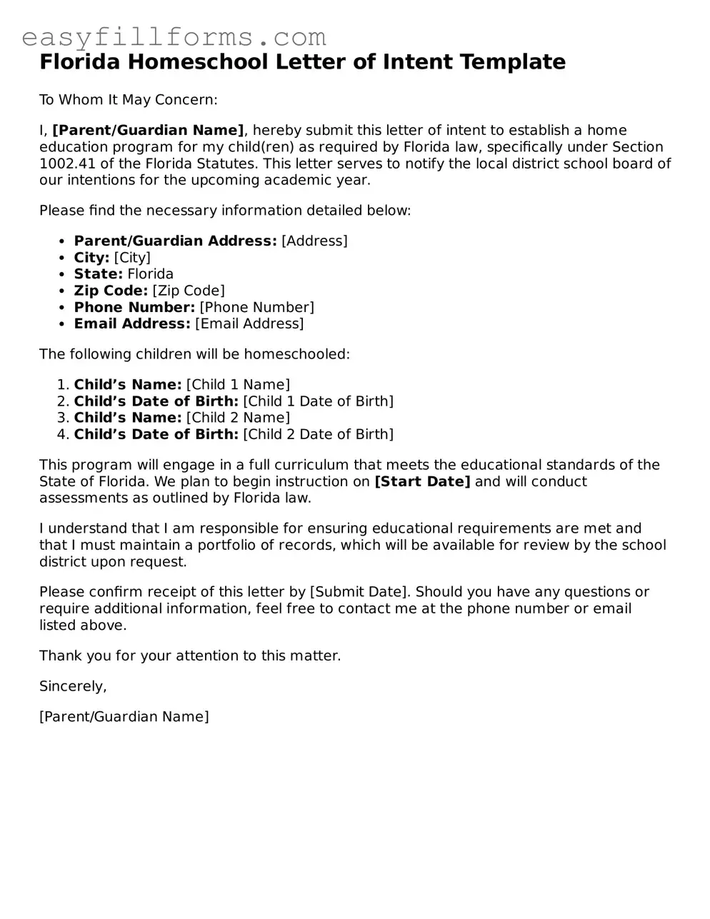 Valid  Homeschool Letter of Intent Template for Florida