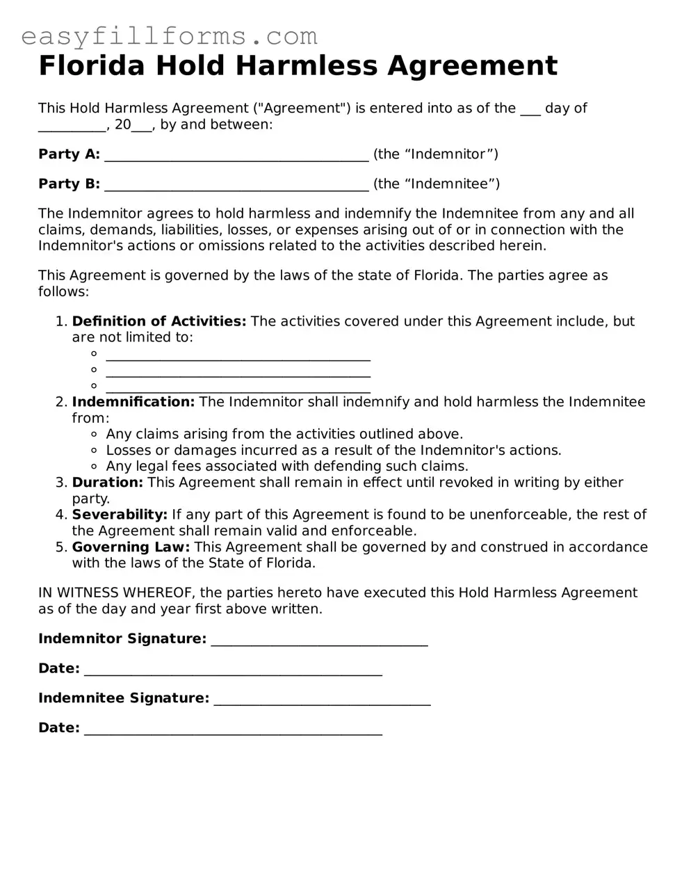 Valid  Hold Harmless Agreement Template for Florida