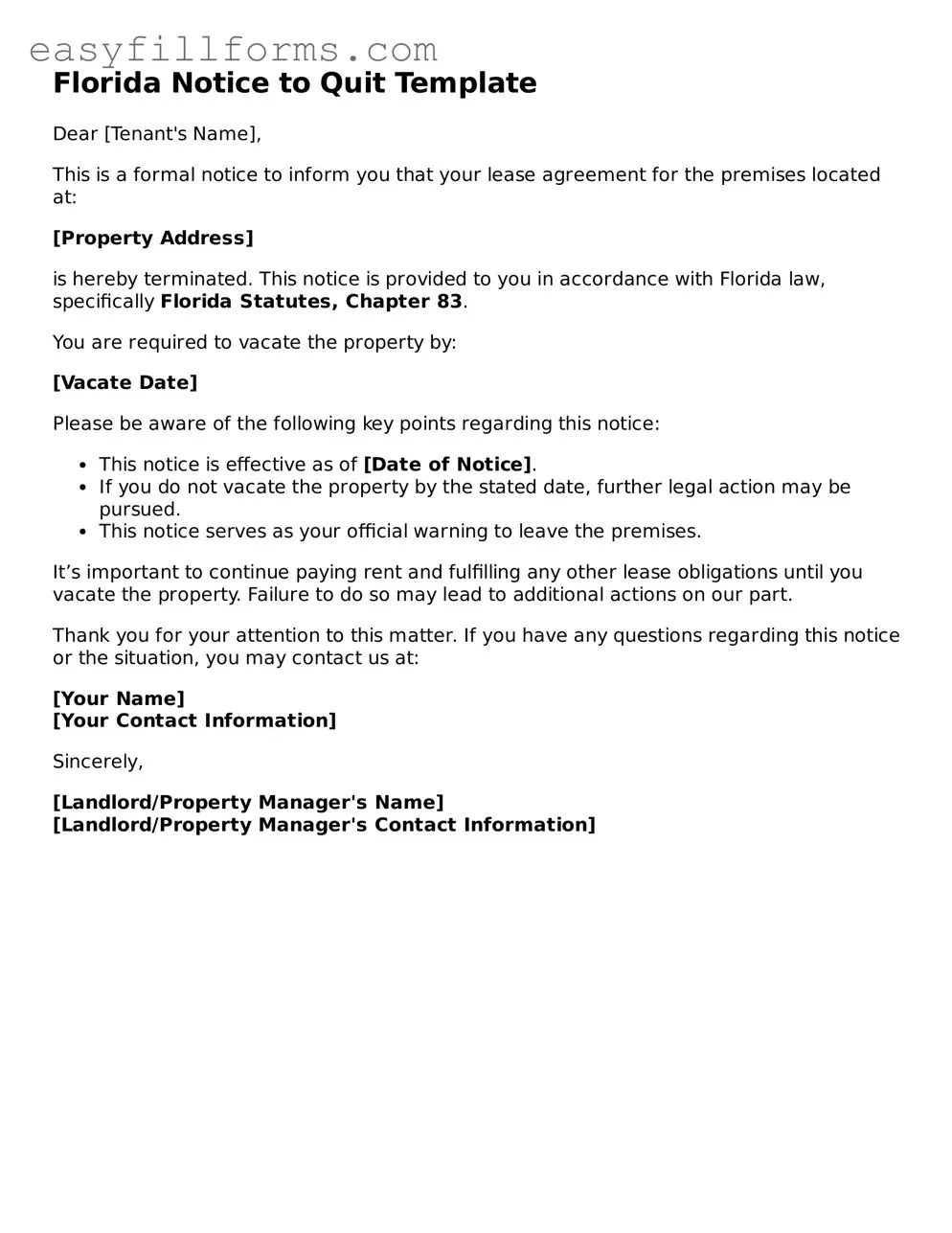 Valid  Notice to Quit Template for Florida