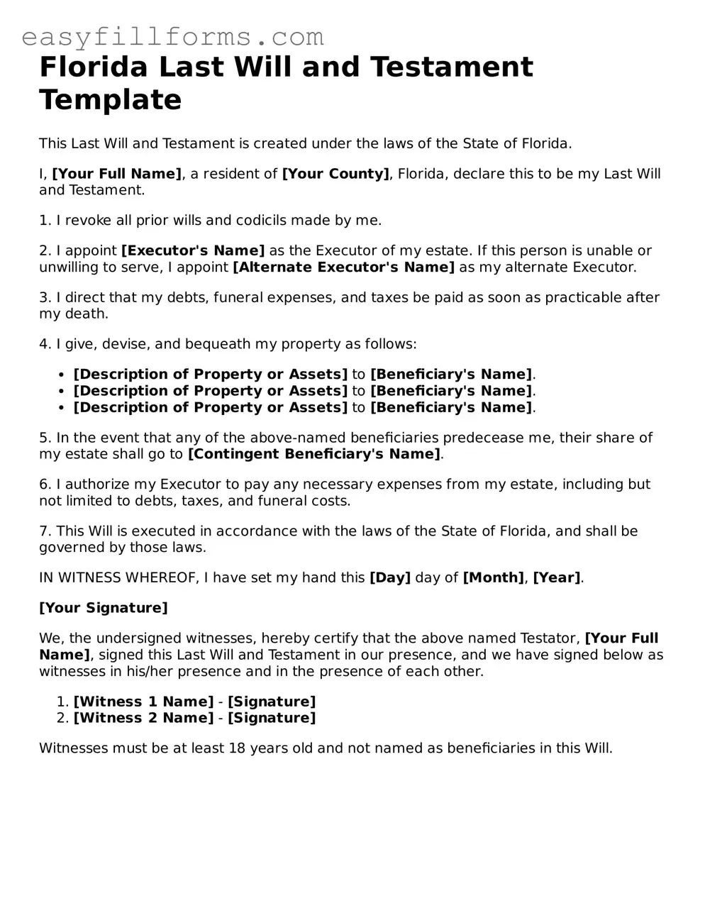 Valid  Last Will and Testament Template for Florida