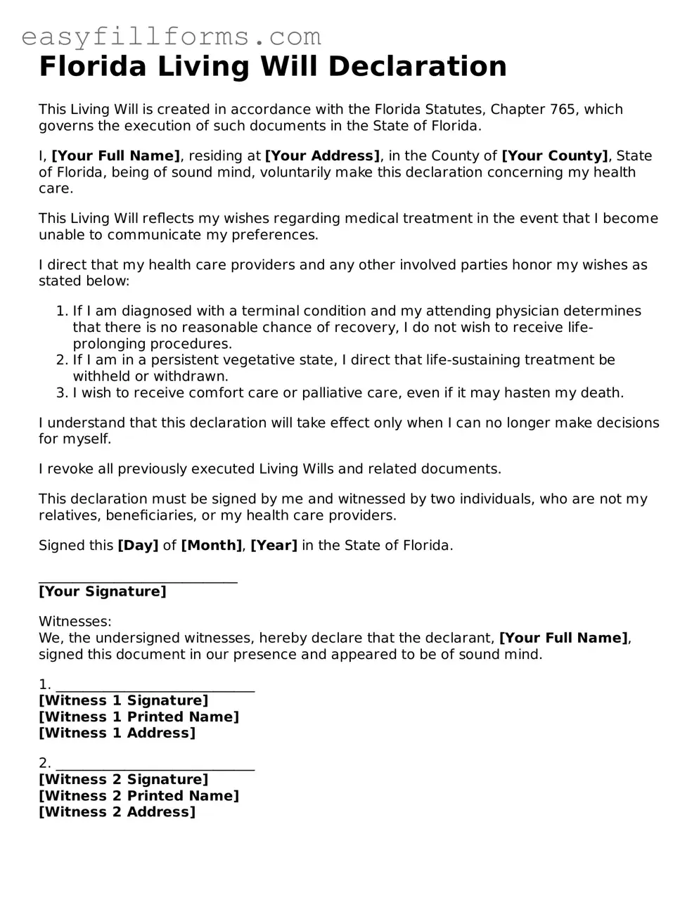 Valid  Living Will Template for Florida