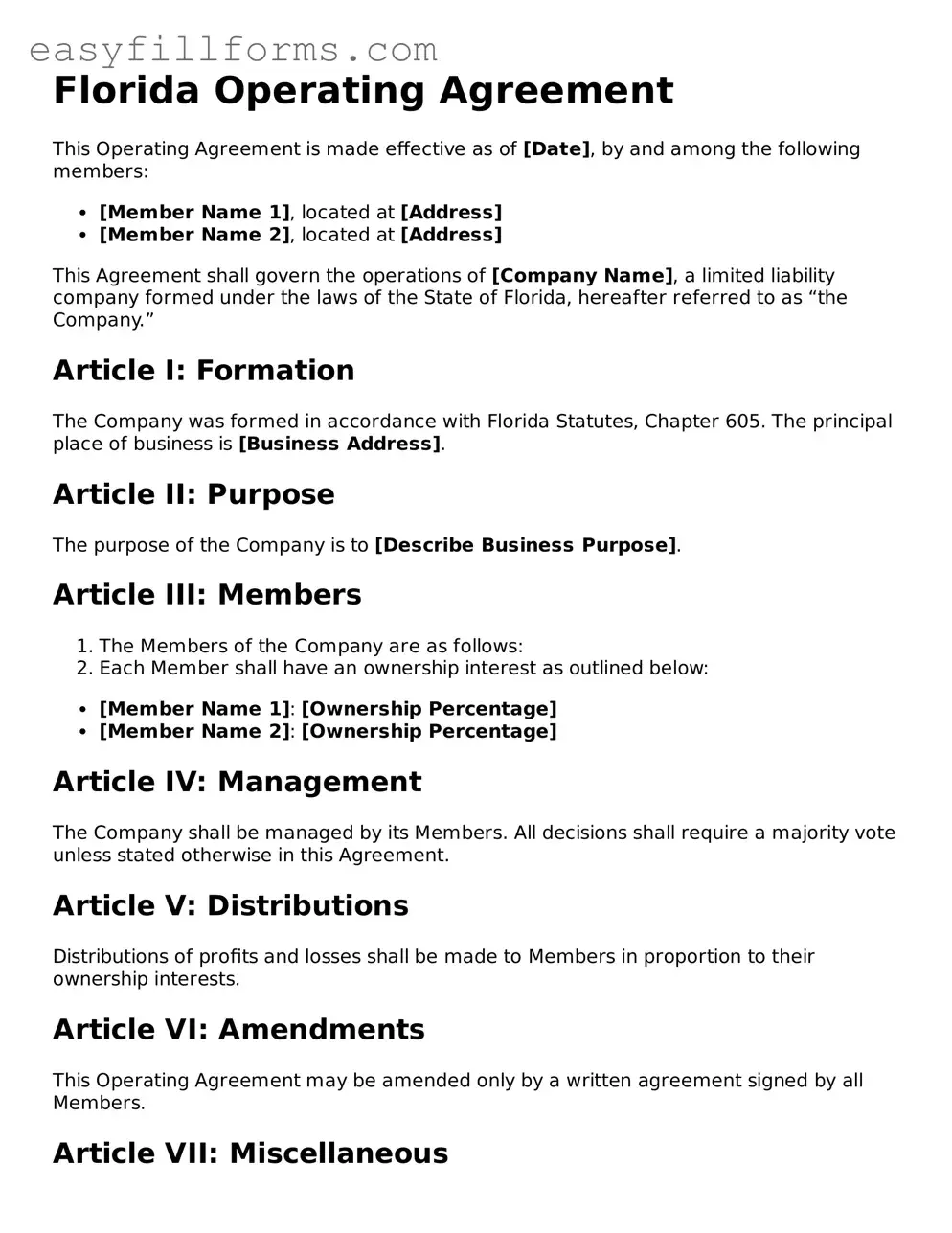 Valid  Operating Agreement Template for Florida