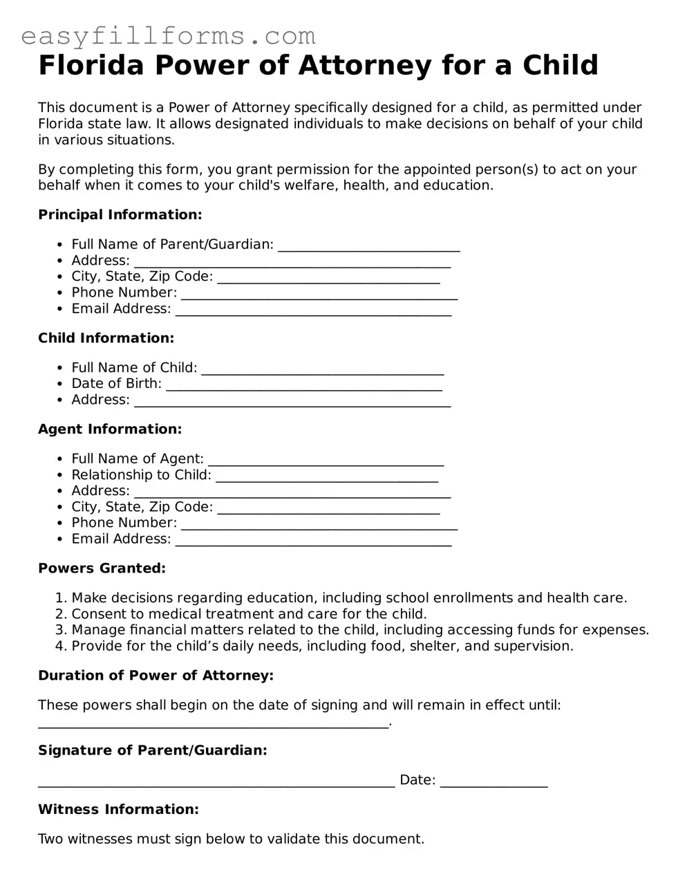 Valid  Power of Attorney for a Child Template for Florida