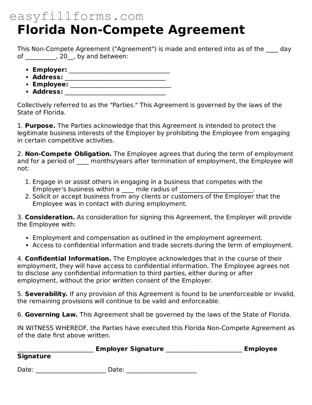 Valid  Non-compete Agreement Template for Florida