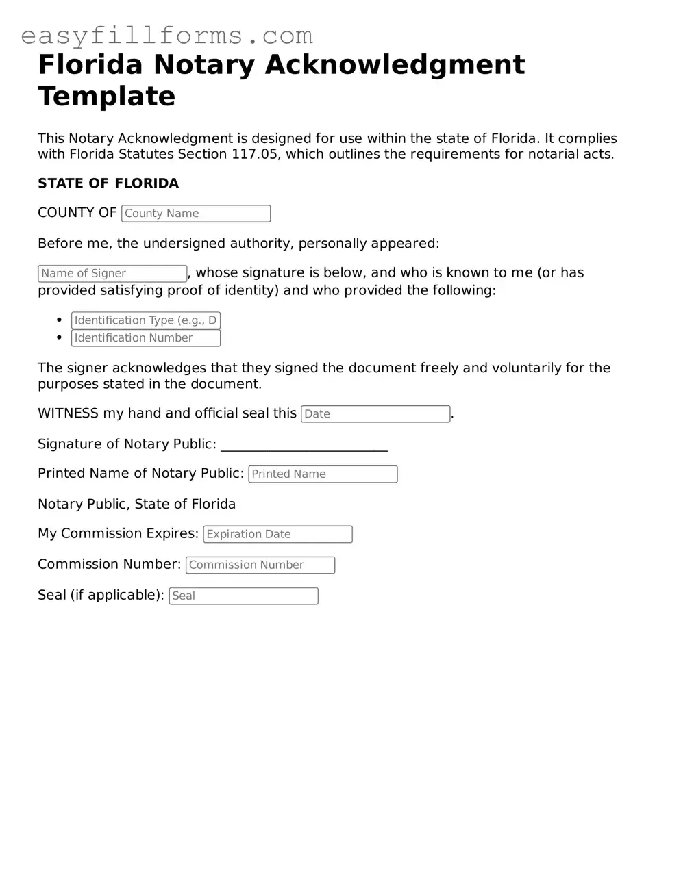 Valid  Notary Acknowledgement Template for Florida