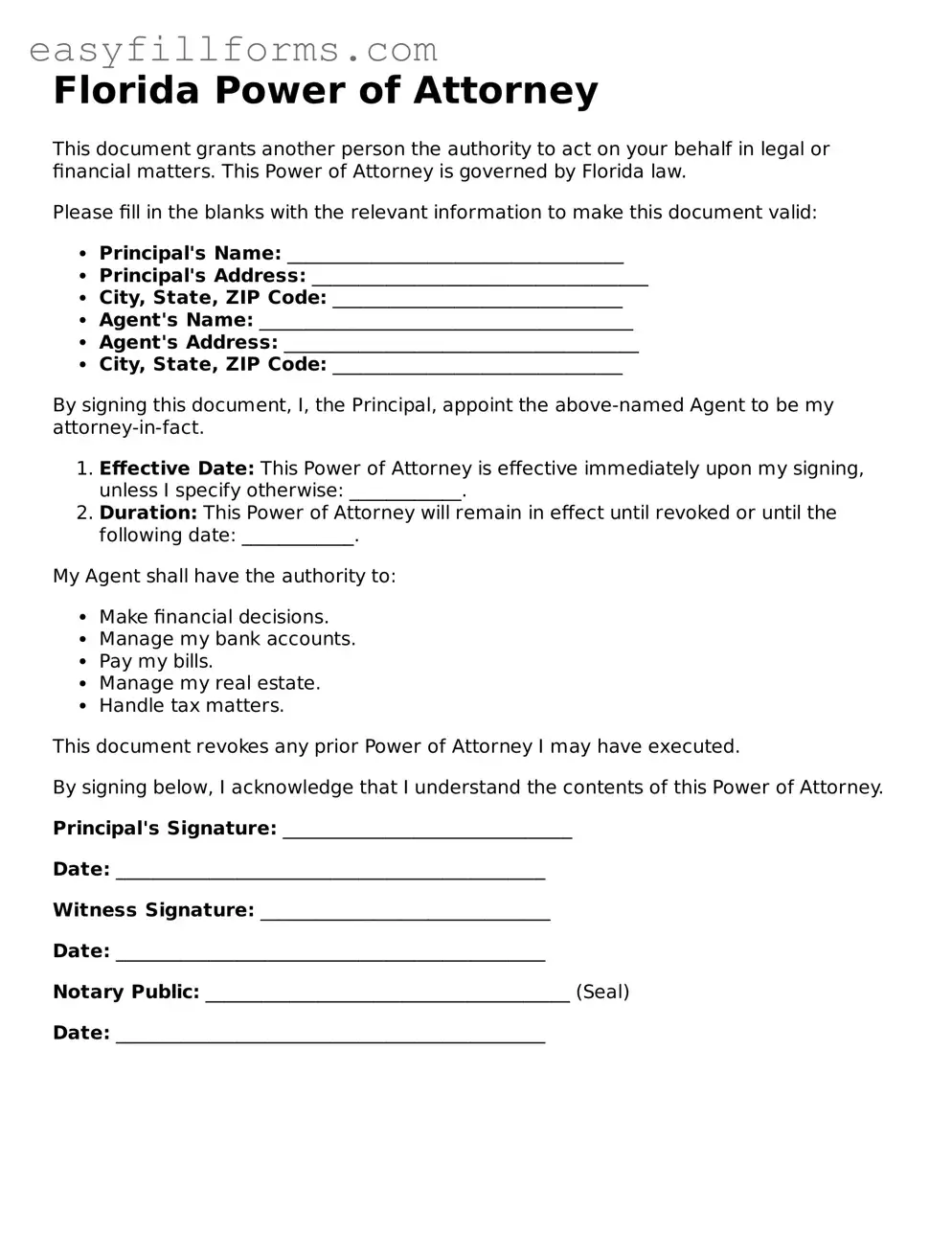 Valid  Power of Attorney Template for Florida