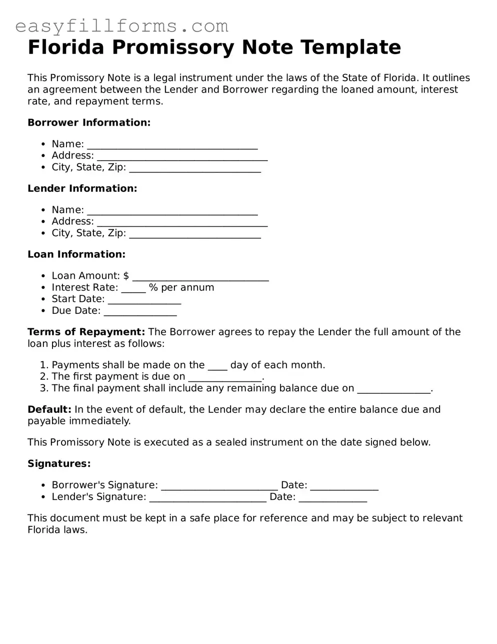 Valid  Promissory Note Template for Florida
