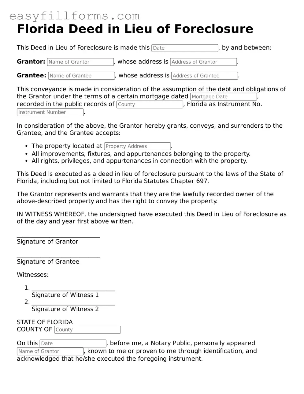 Valid  Deed in Lieu of Foreclosure Template for Florida