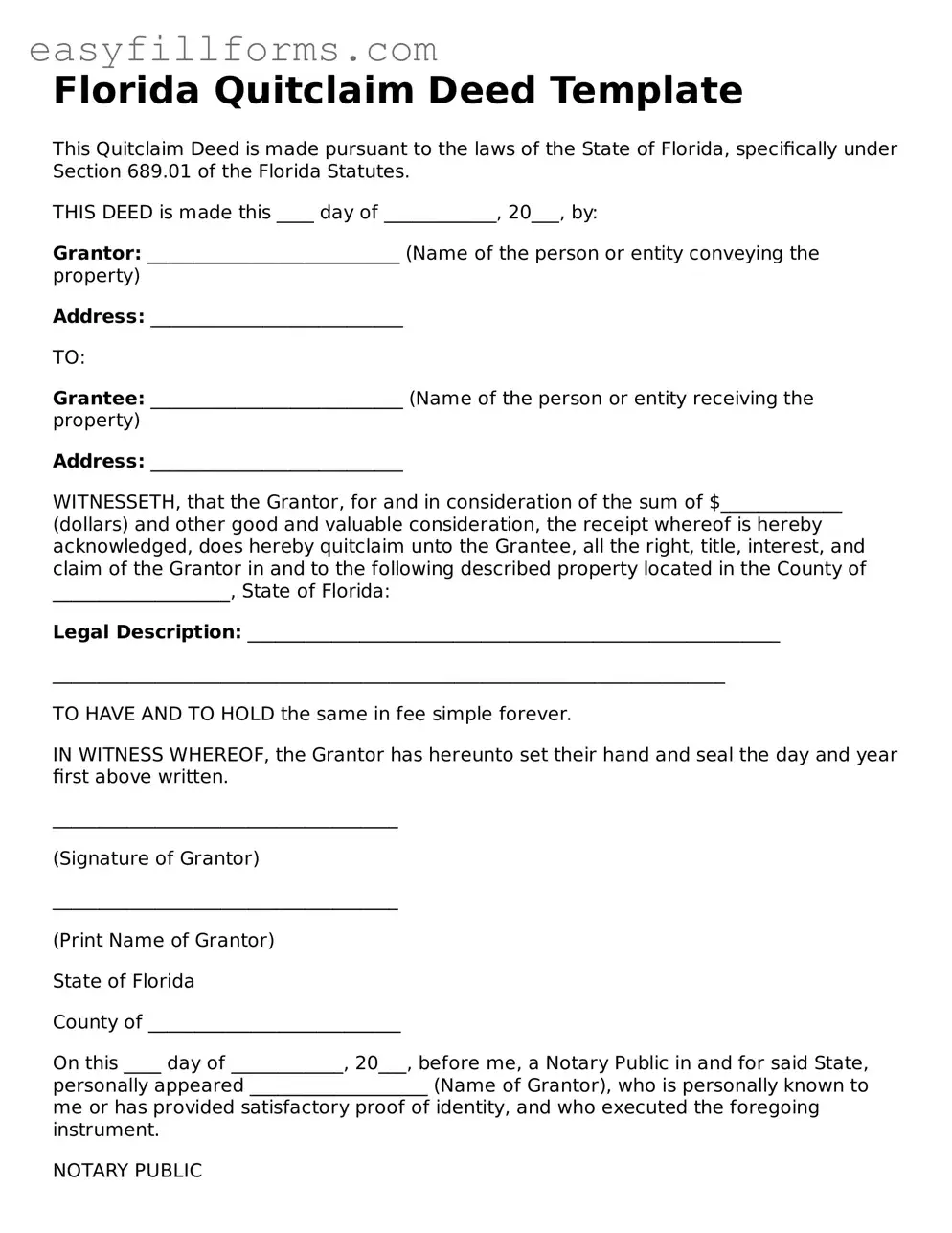 Valid  Quitclaim Deed Template for Florida