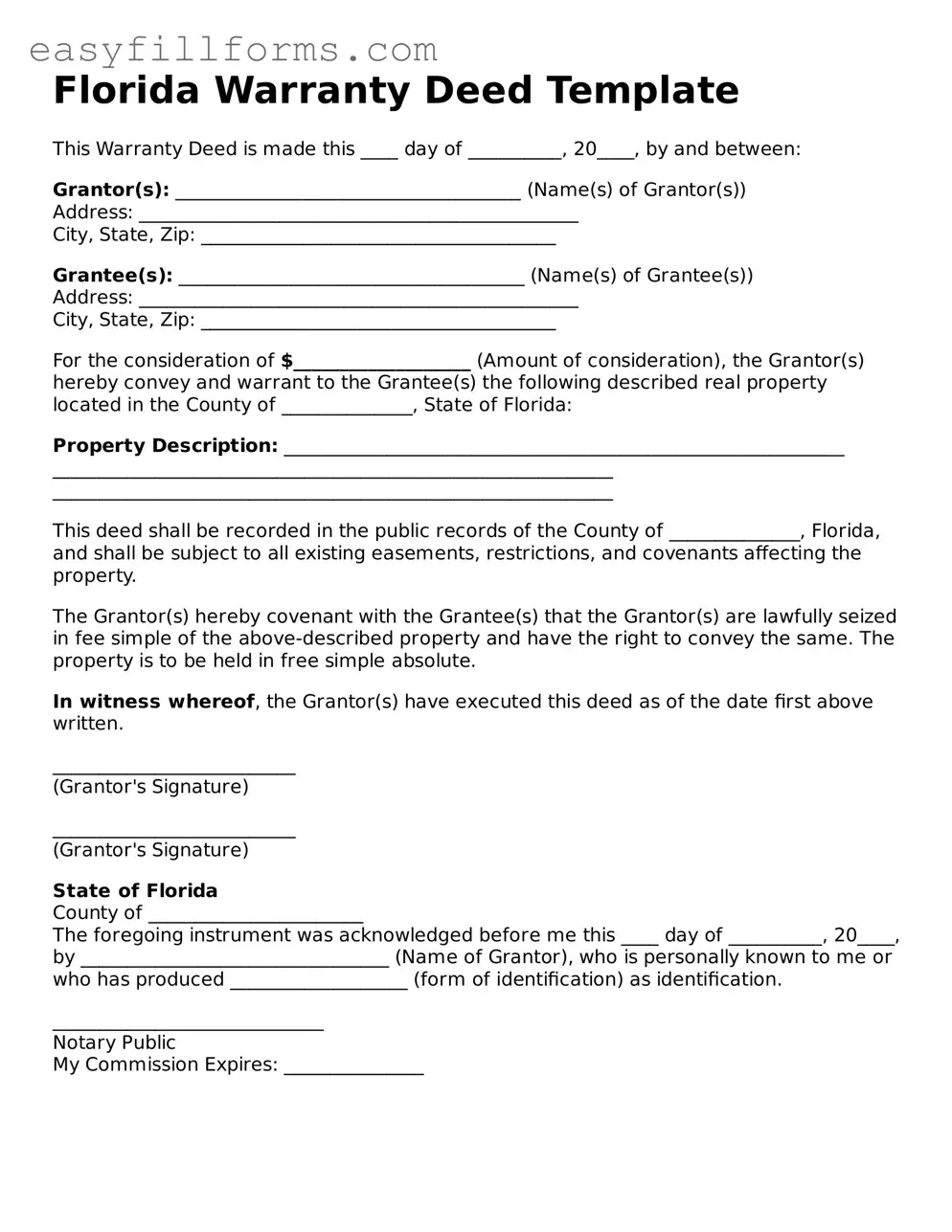 Valid  Deed Template for Florida