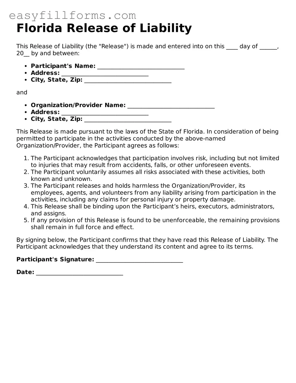 Valid  Release of Liability Template for Florida