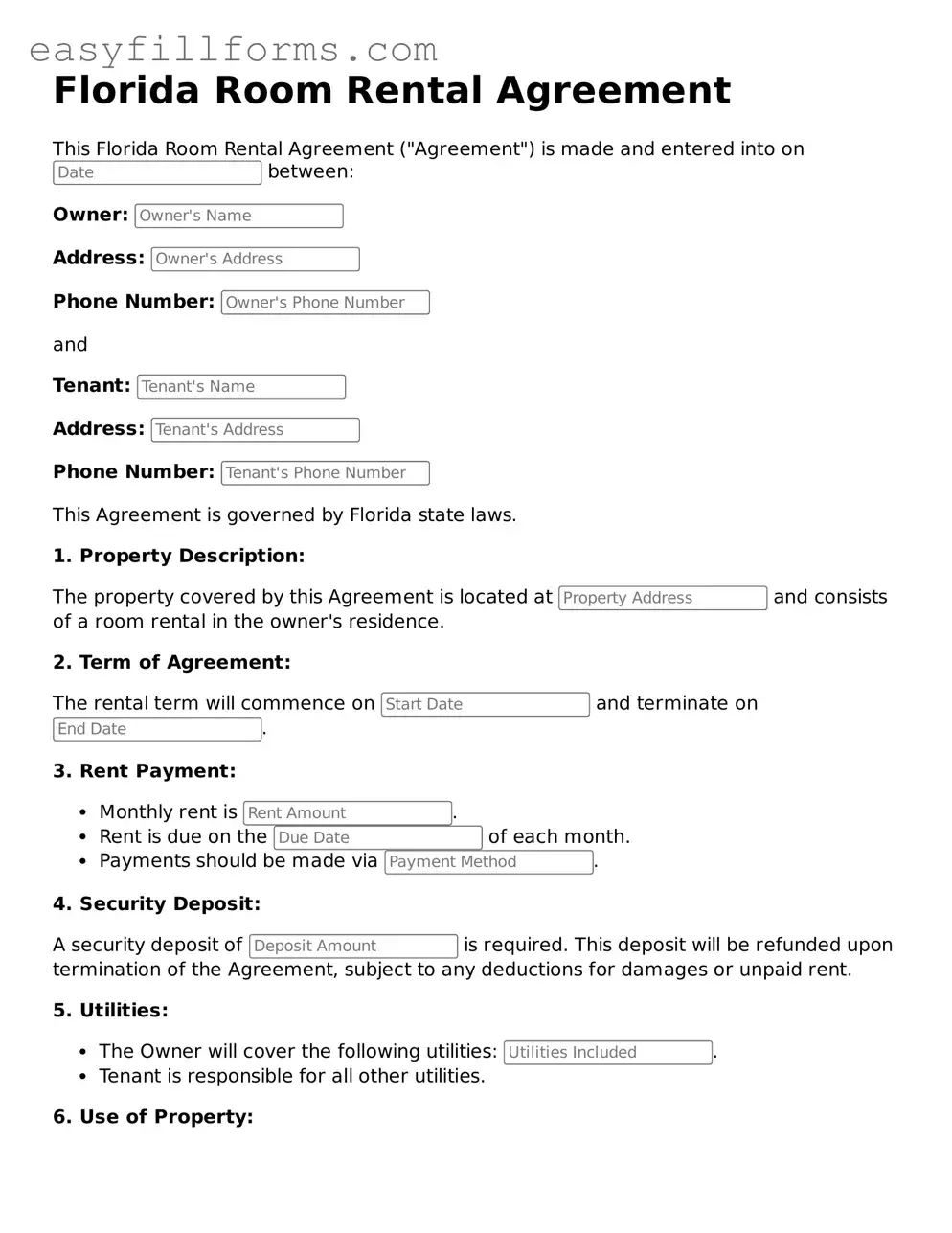 Valid  Room Rental Agreement Template for Florida