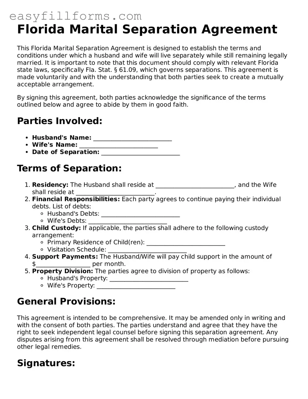 Valid  Marital Separation Agreement Template for Florida