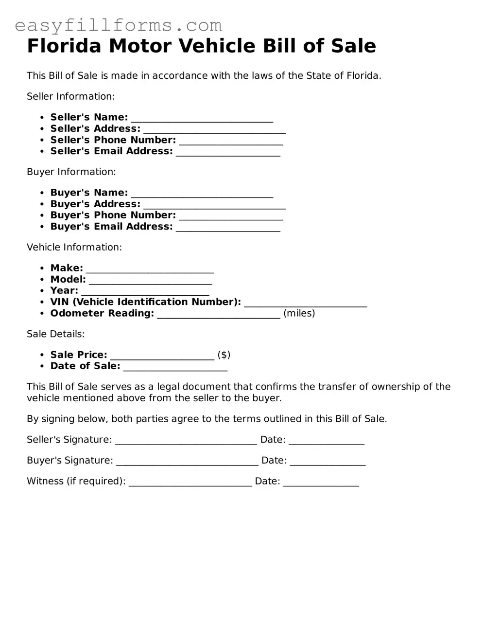 Valid  Motor Vehicle Bill of Sale Template for Florida