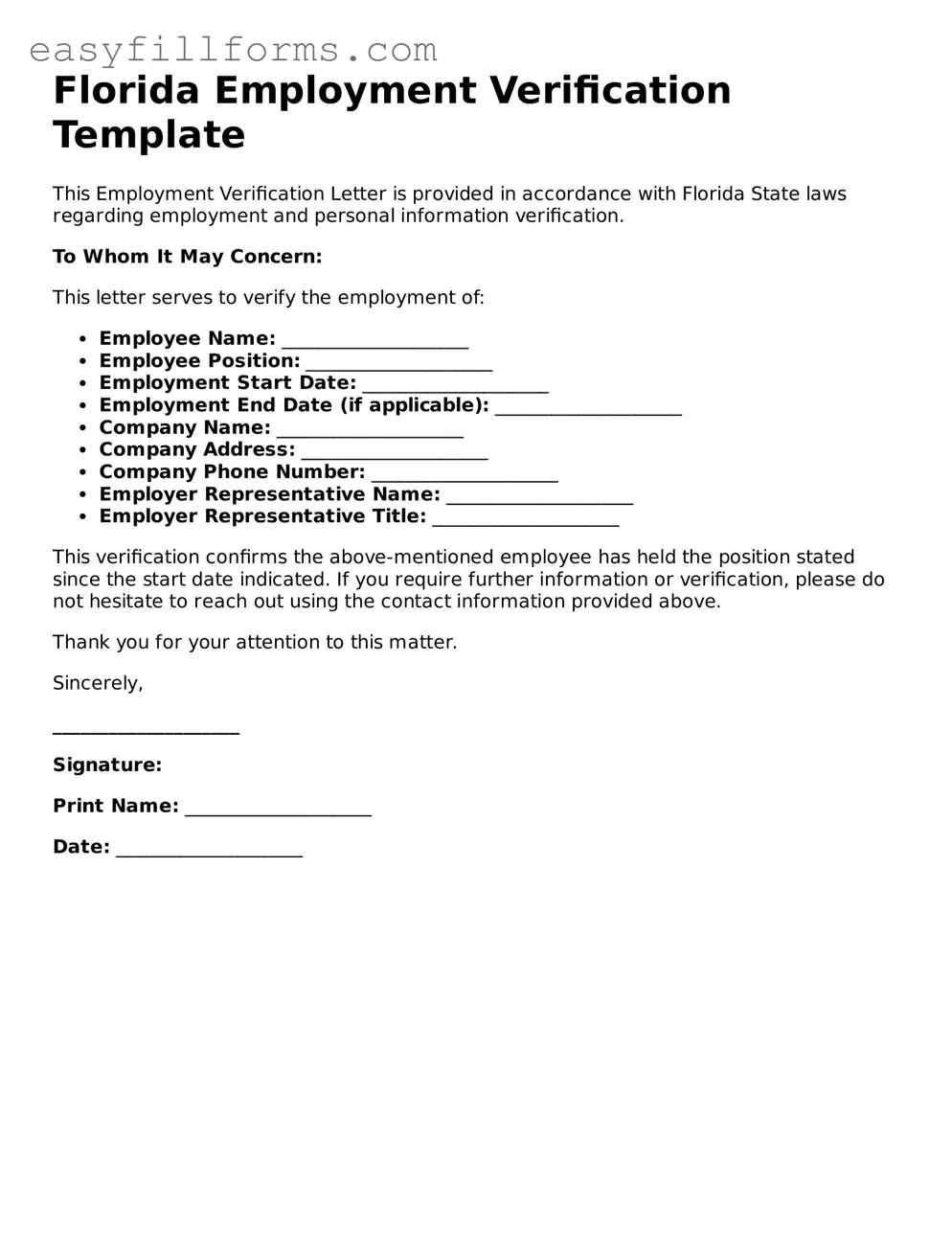 Valid  Employment Verification Template for Florida