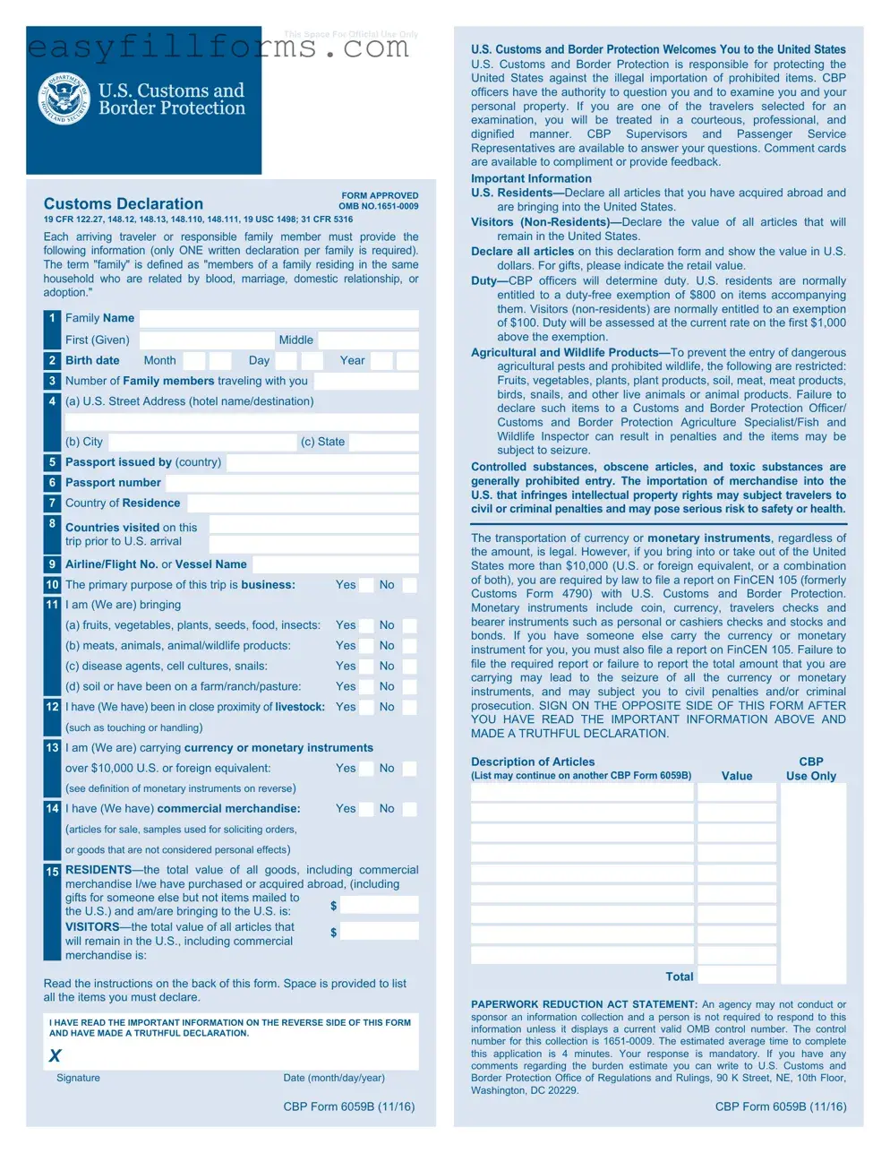 Printable CBP 6059B Form