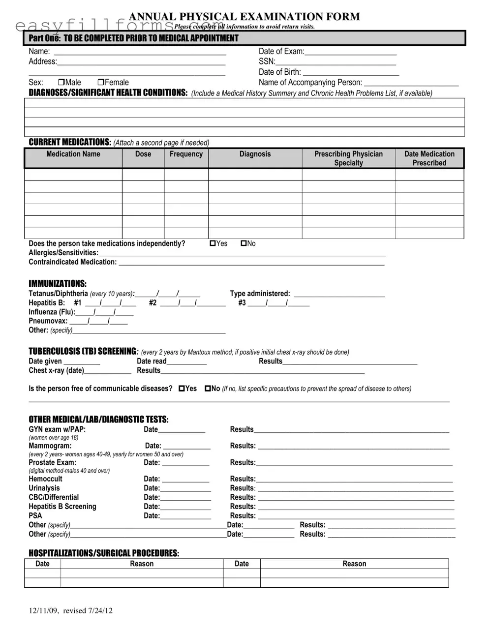 Printable Annual Physical Examination Form