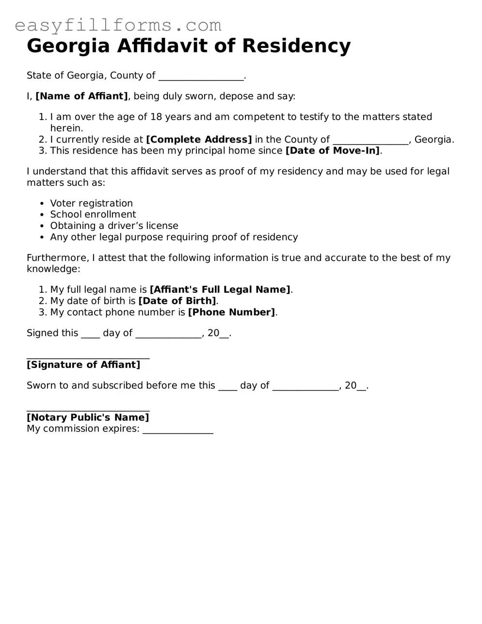 Valid  Affidavit of Residency Template for Georgia