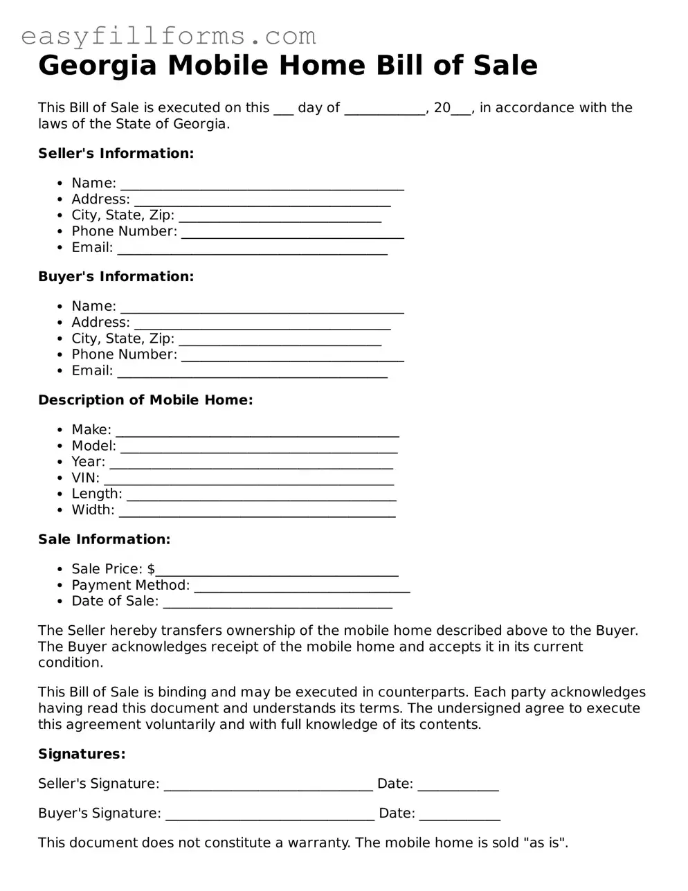 Valid  Mobile Home Bill of Sale Template for Georgia