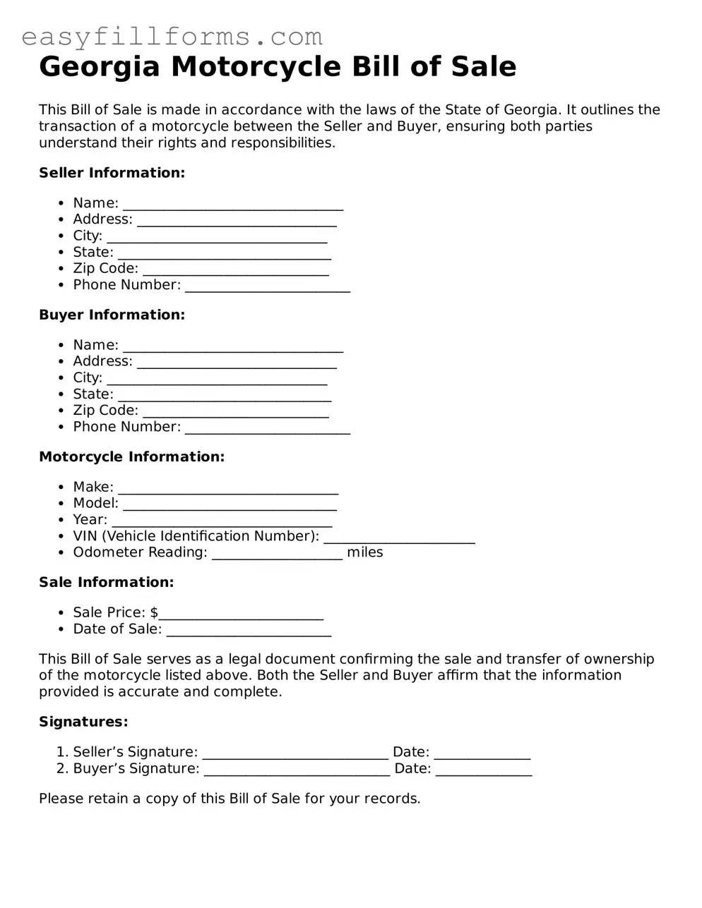 Valid  Motorcycle Bill of Sale Template for Georgia