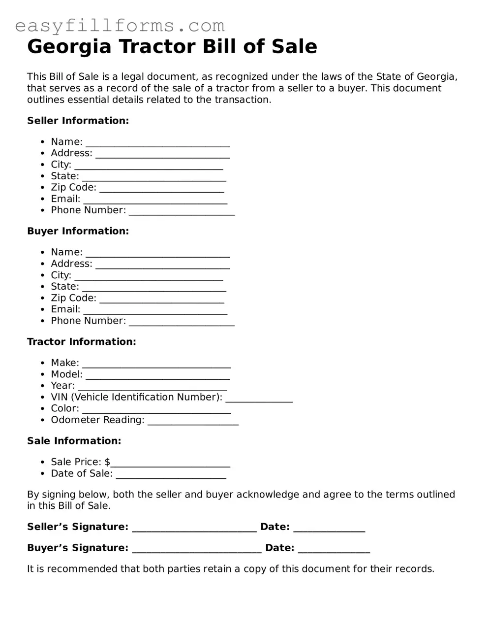 Valid  Tractor Bill of Sale Template for Georgia