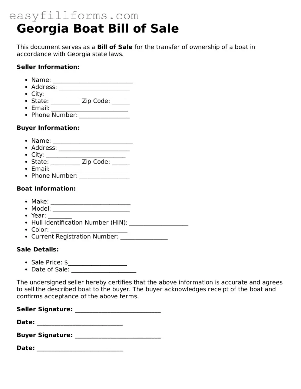Valid  Boat Bill of Sale Template for Georgia