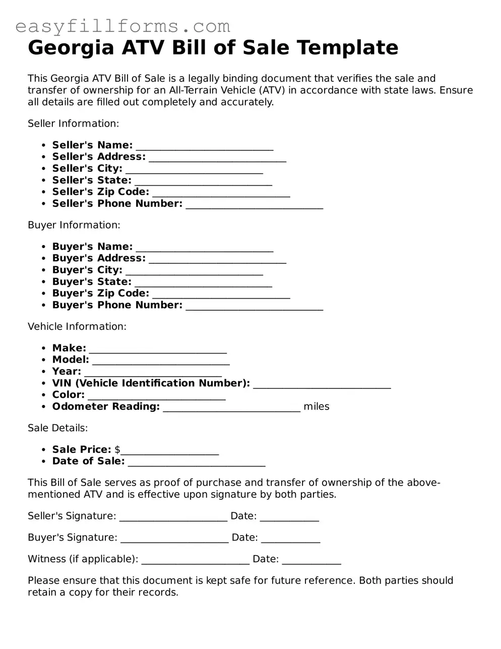 Valid  ATV Bill of Sale Template for Georgia