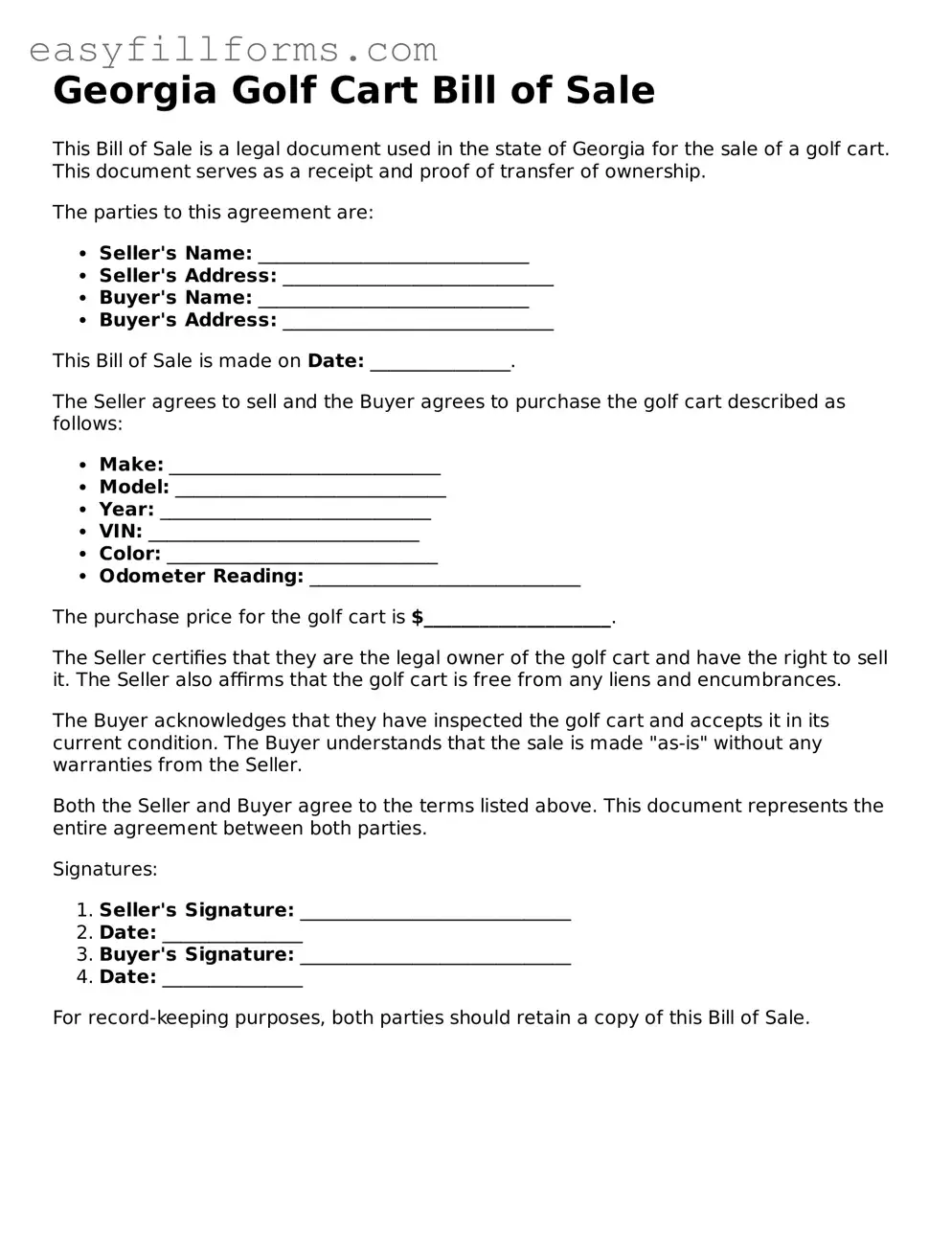Valid  Golf Cart Bill of Sale Template for Georgia