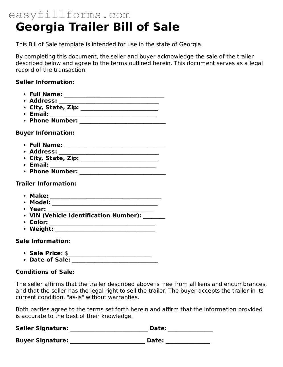 Valid  Trailer Bill of Sale Template for Georgia