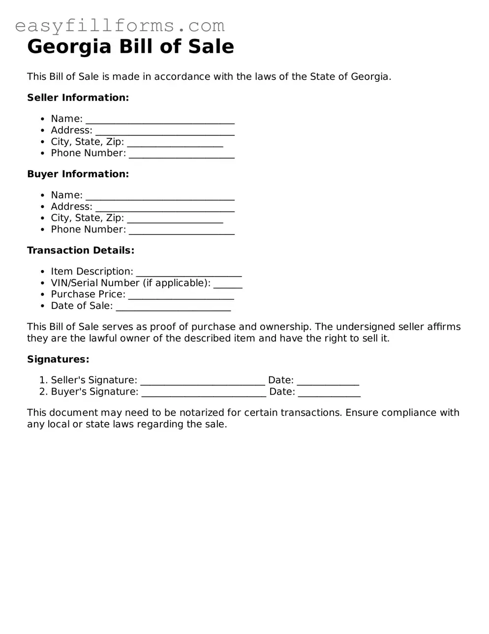 Valid  Bill of Sale Template for Georgia
