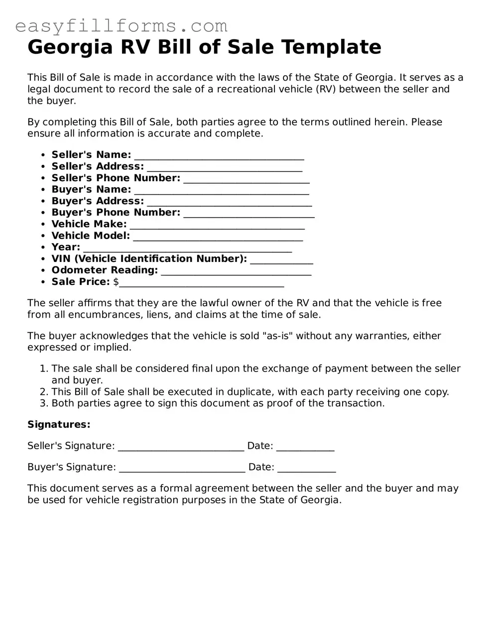 Valid  RV Bill of Sale Template for Georgia
