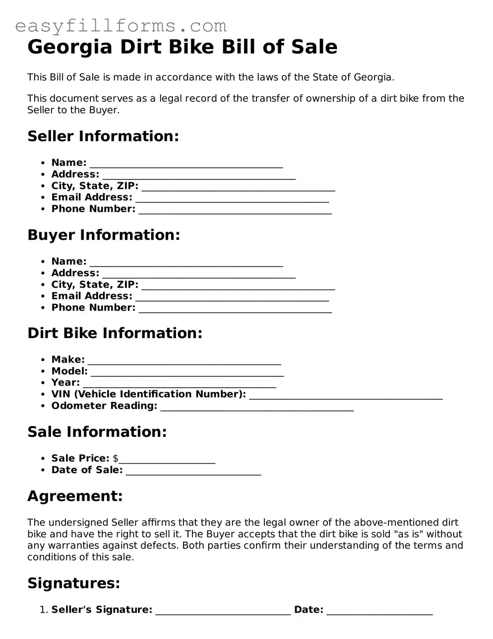 Valid  Dirt Bike Bill of Sale Template for Georgia