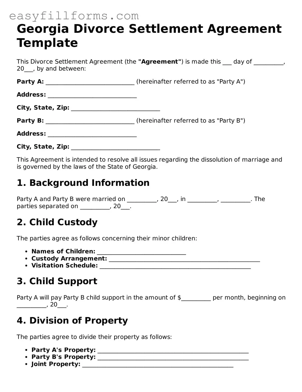Valid  Divorce Settlement Agreement Template for Georgia