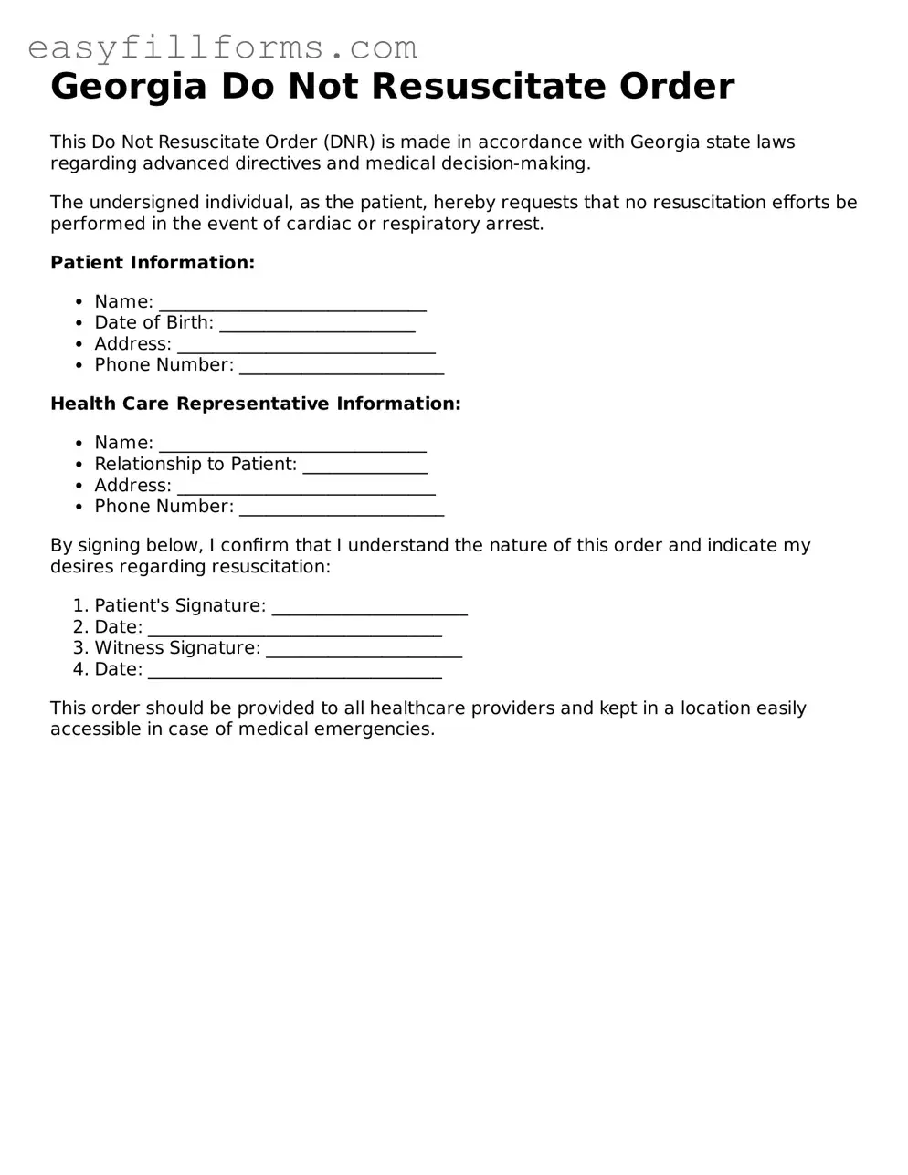 Valid  Do Not Resuscitate Order Template for Georgia
