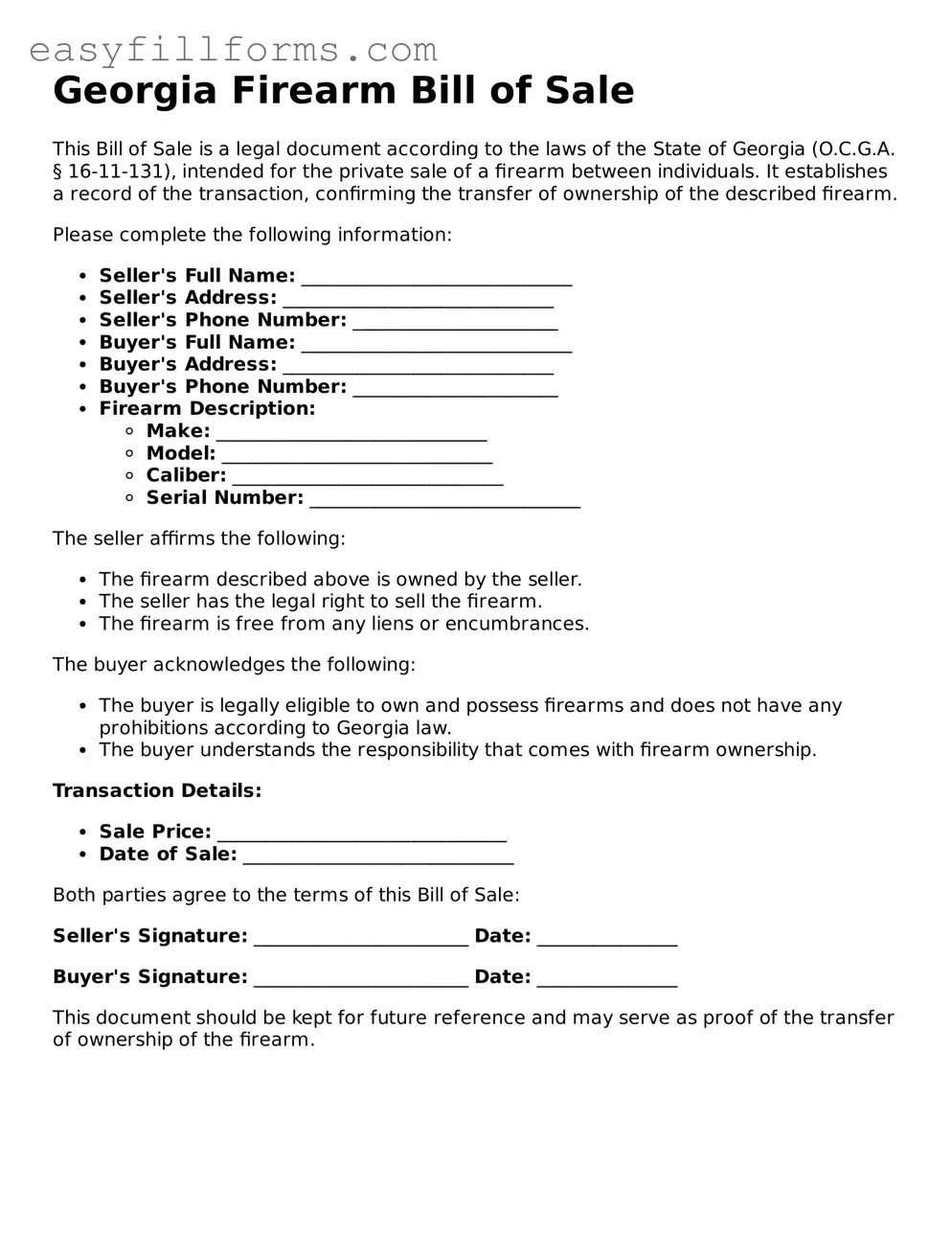 Valid  Firearm Bill of Sale Template for Georgia