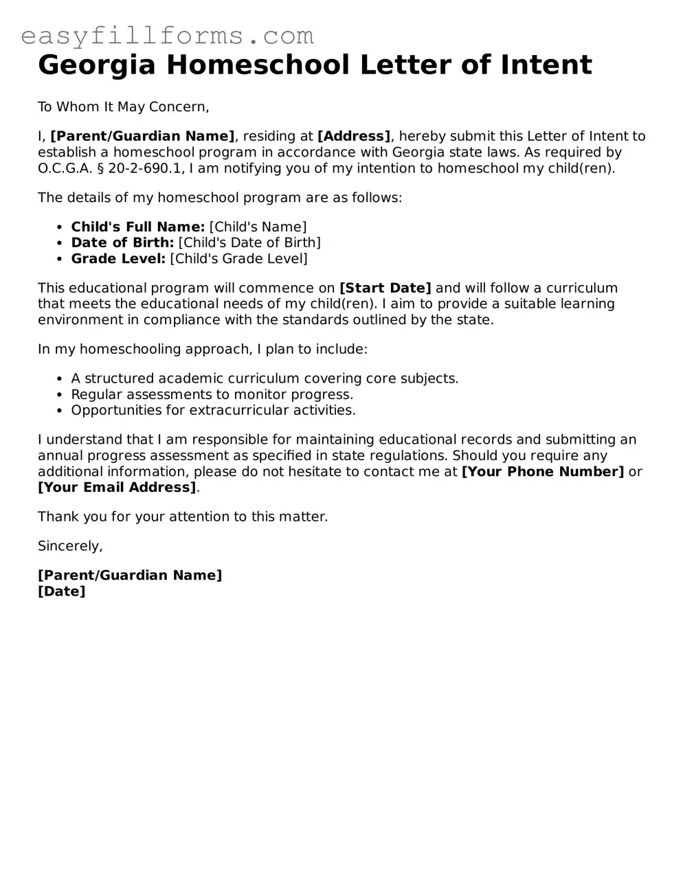 Valid  Homeschool Letter of Intent Template for Georgia