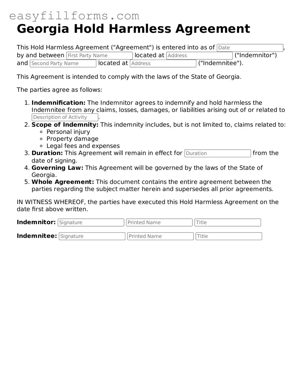 Valid  Hold Harmless Agreement Template for Georgia