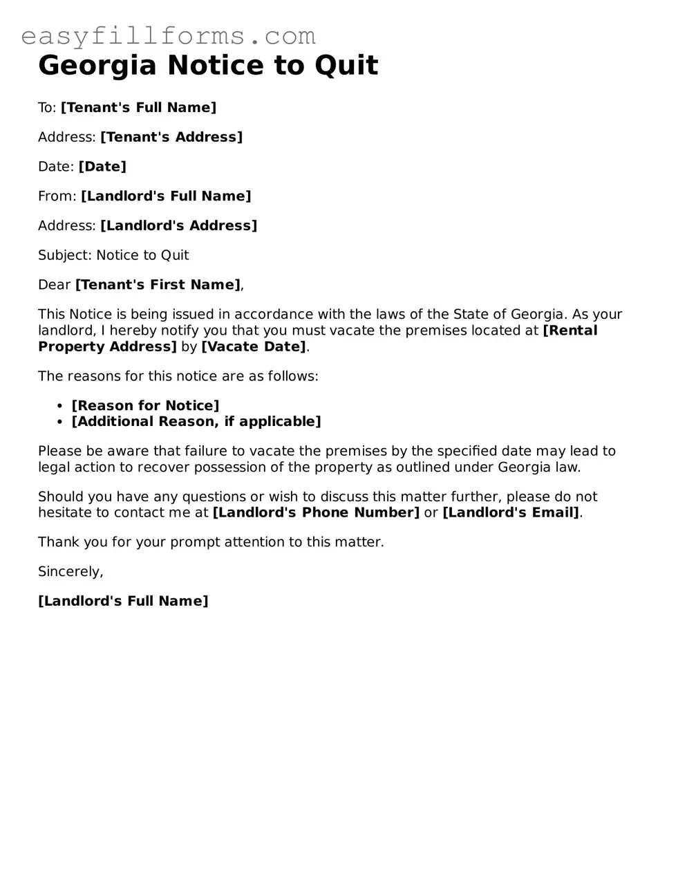 Valid  Notice to Quit Template for Georgia