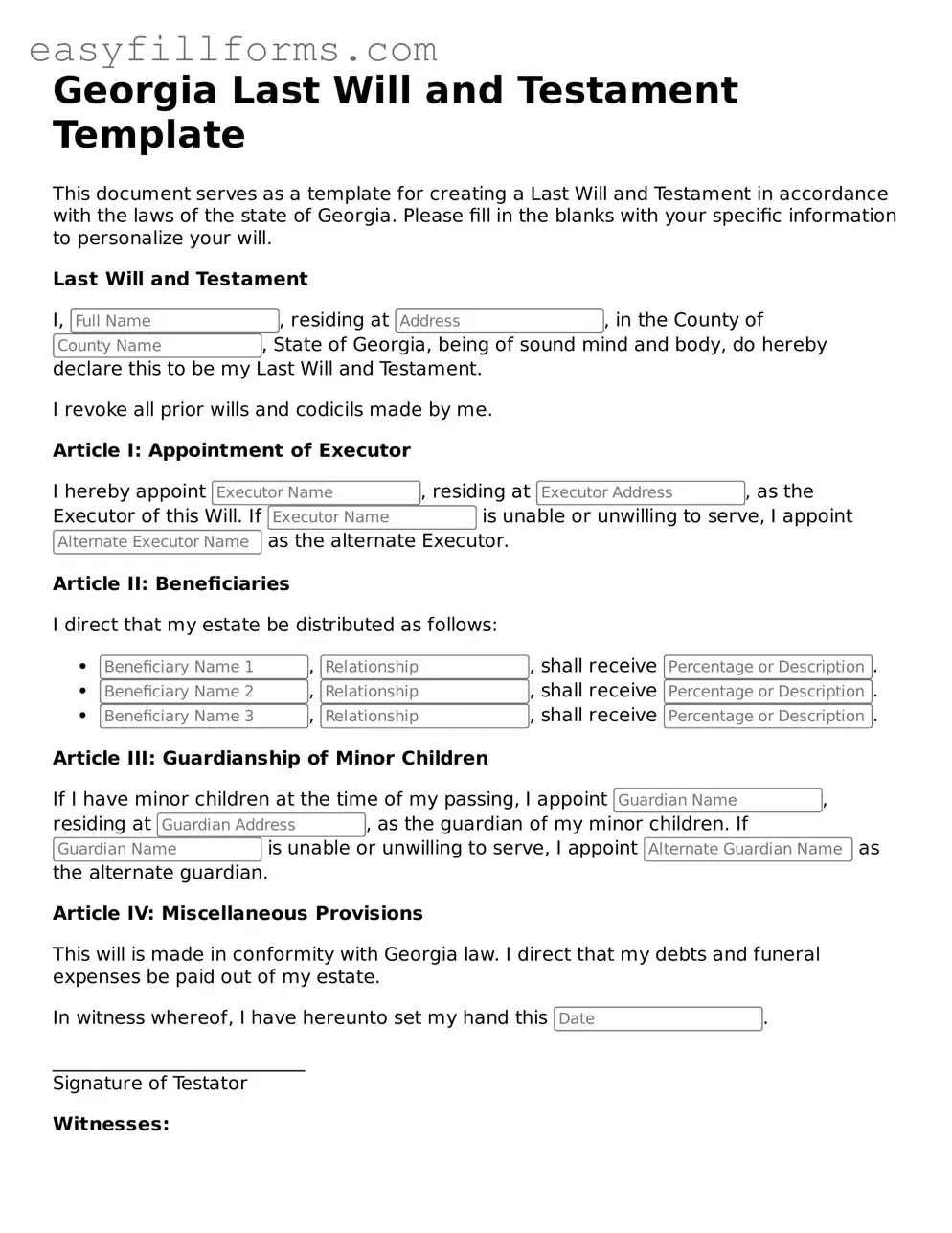 Valid  Last Will and Testament Template for Georgia