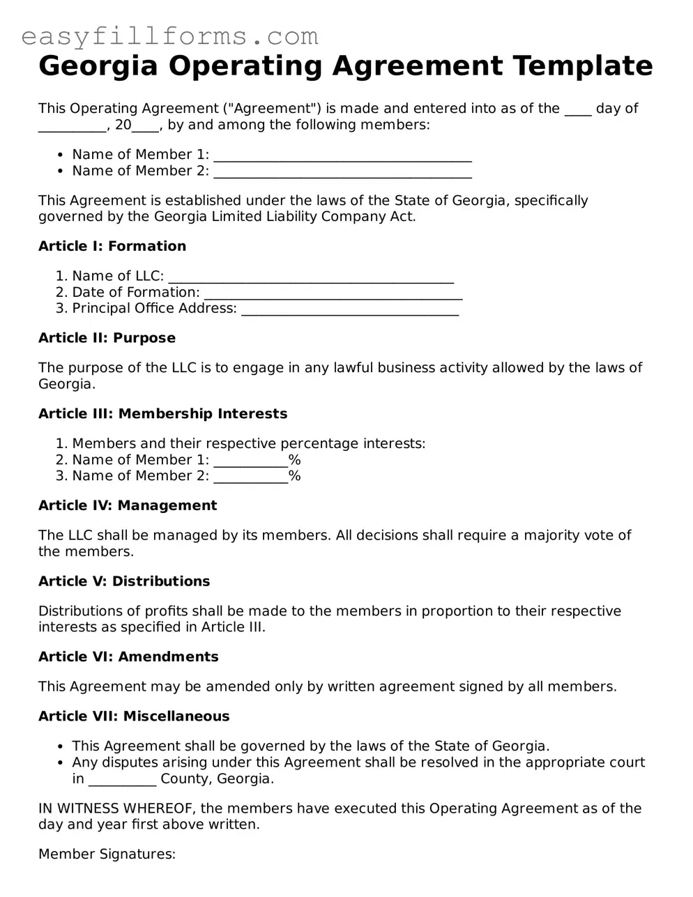 Valid  Operating Agreement Template for Georgia