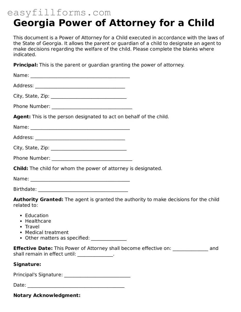 Valid  Power of Attorney for a Child Template for Georgia