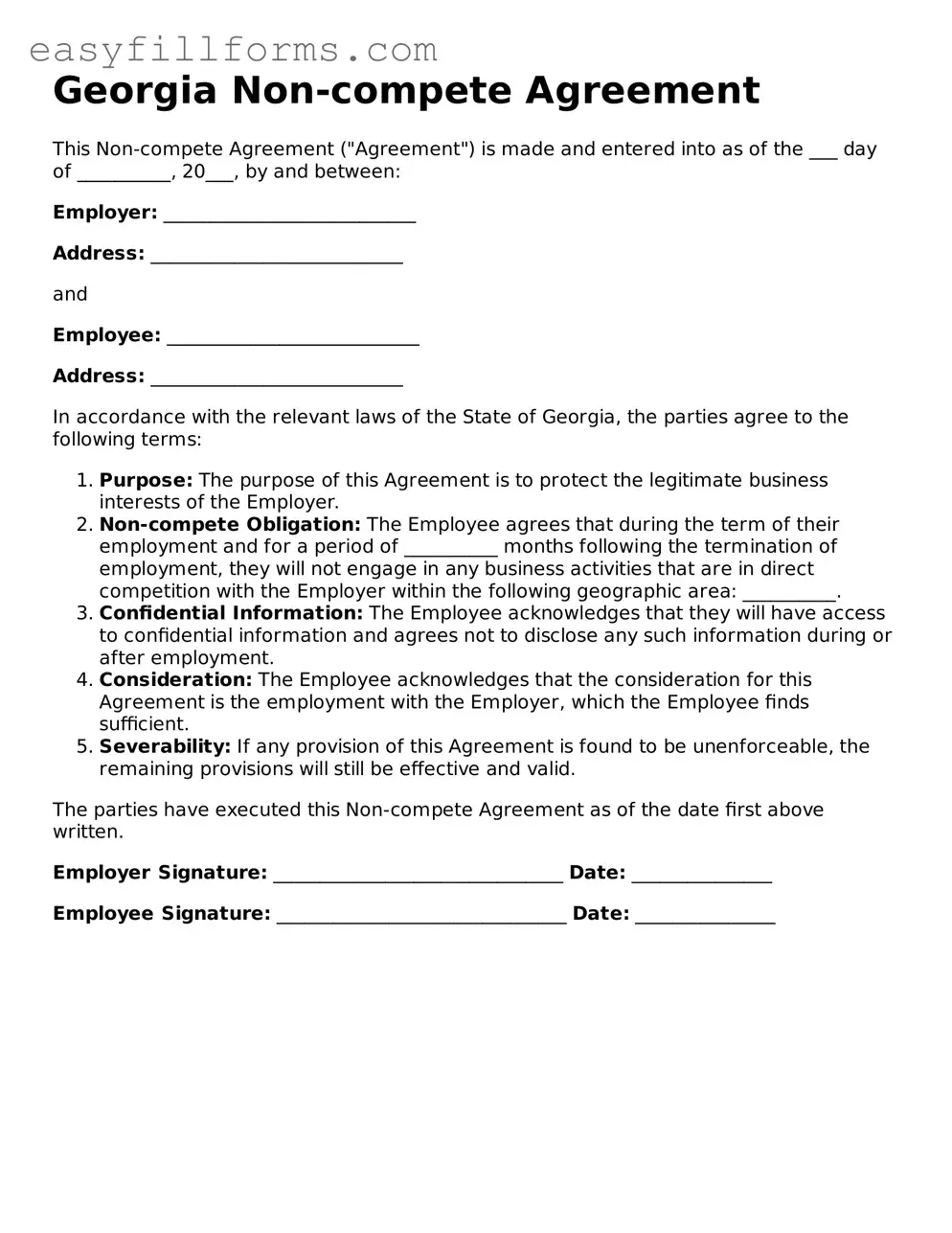 Valid  Non-compete Agreement Template for Georgia