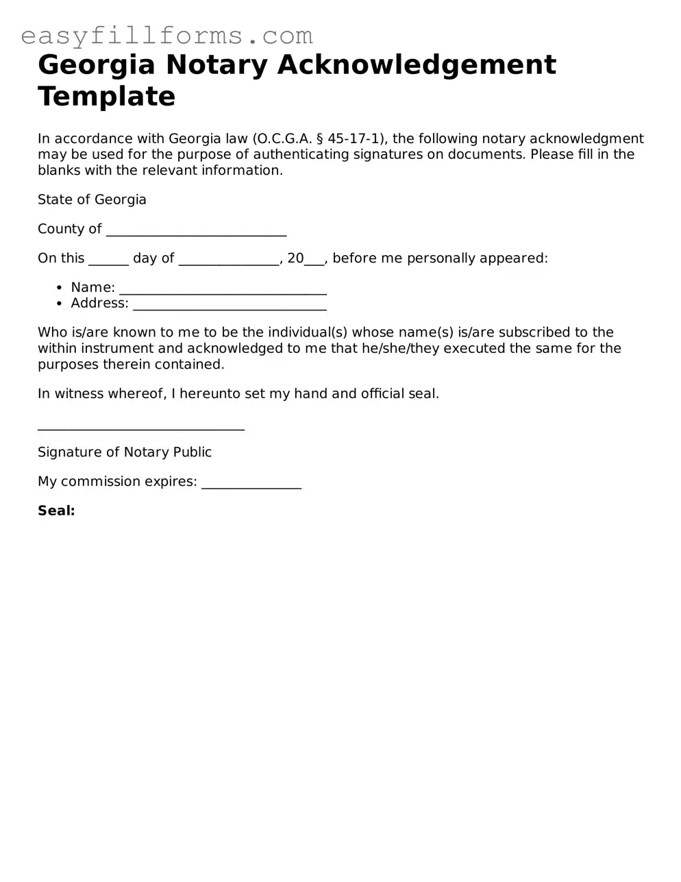Valid  Notary Acknowledgement Template for Georgia