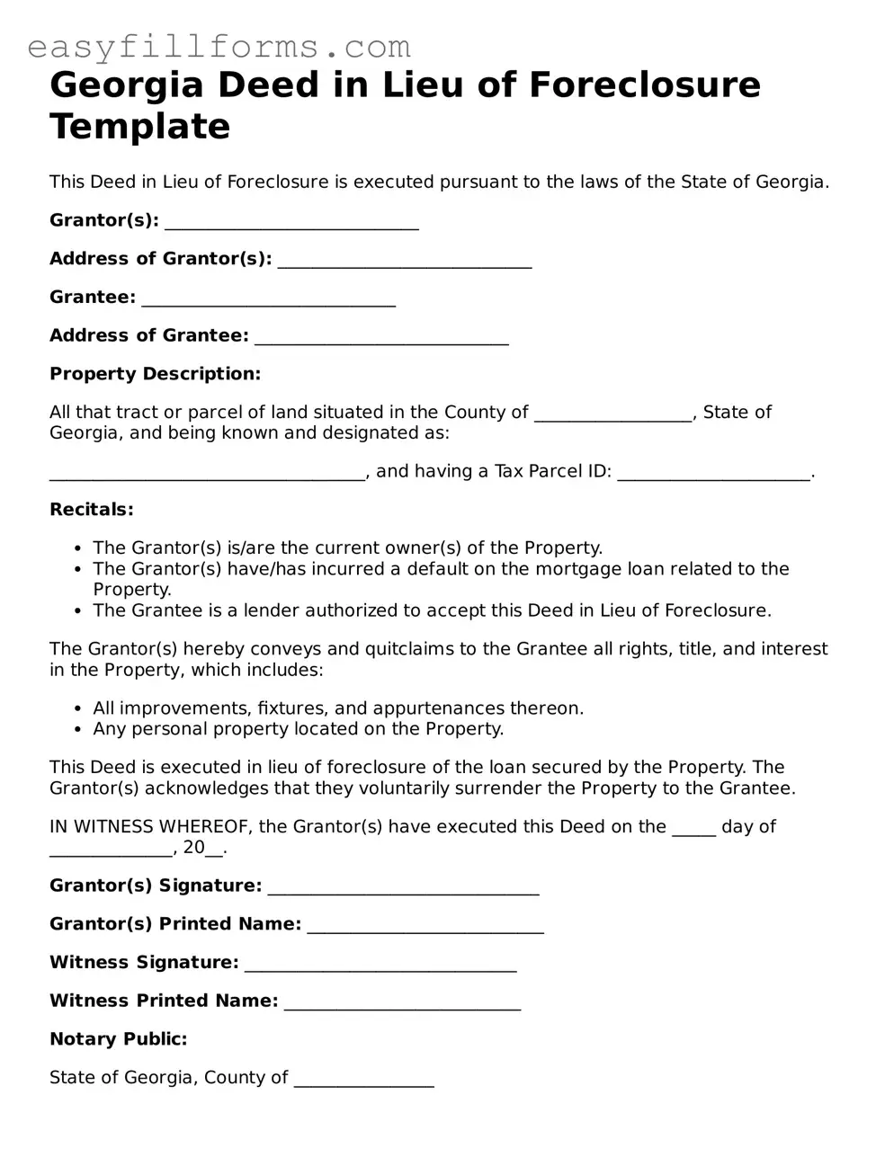 Valid  Deed in Lieu of Foreclosure Template for Georgia