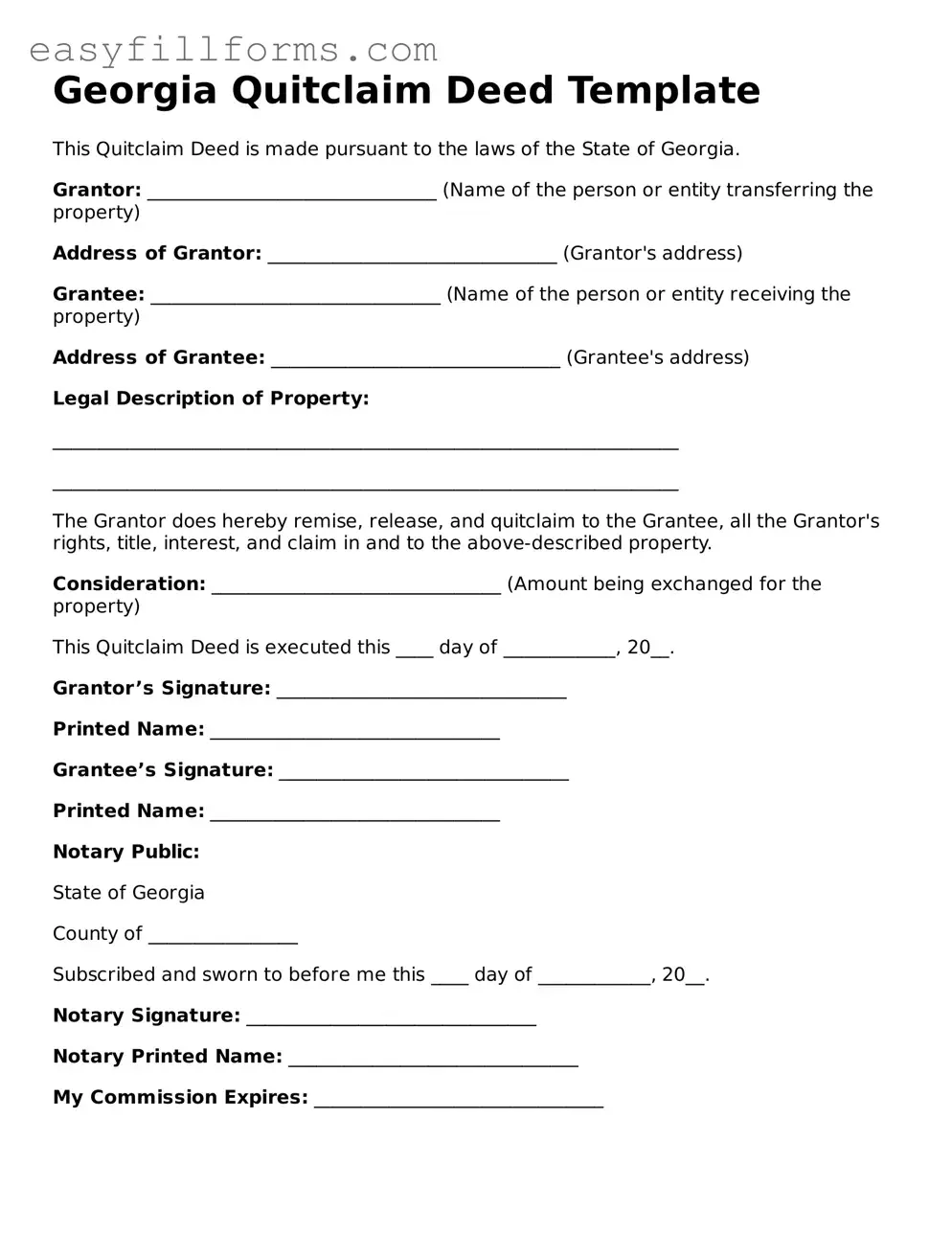 Valid  Quitclaim Deed Template for Georgia