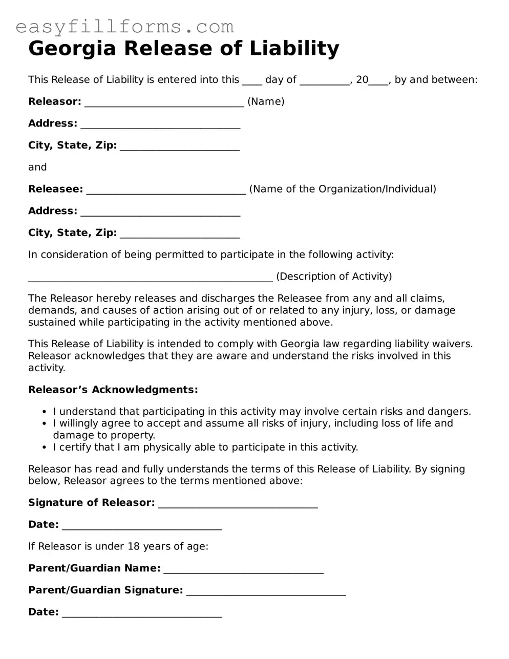 Valid  Release of Liability Template for Georgia